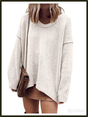 Oversized Batwing Sleeve Scoop V Neck Pullover Sweater White High Low Hem Knit